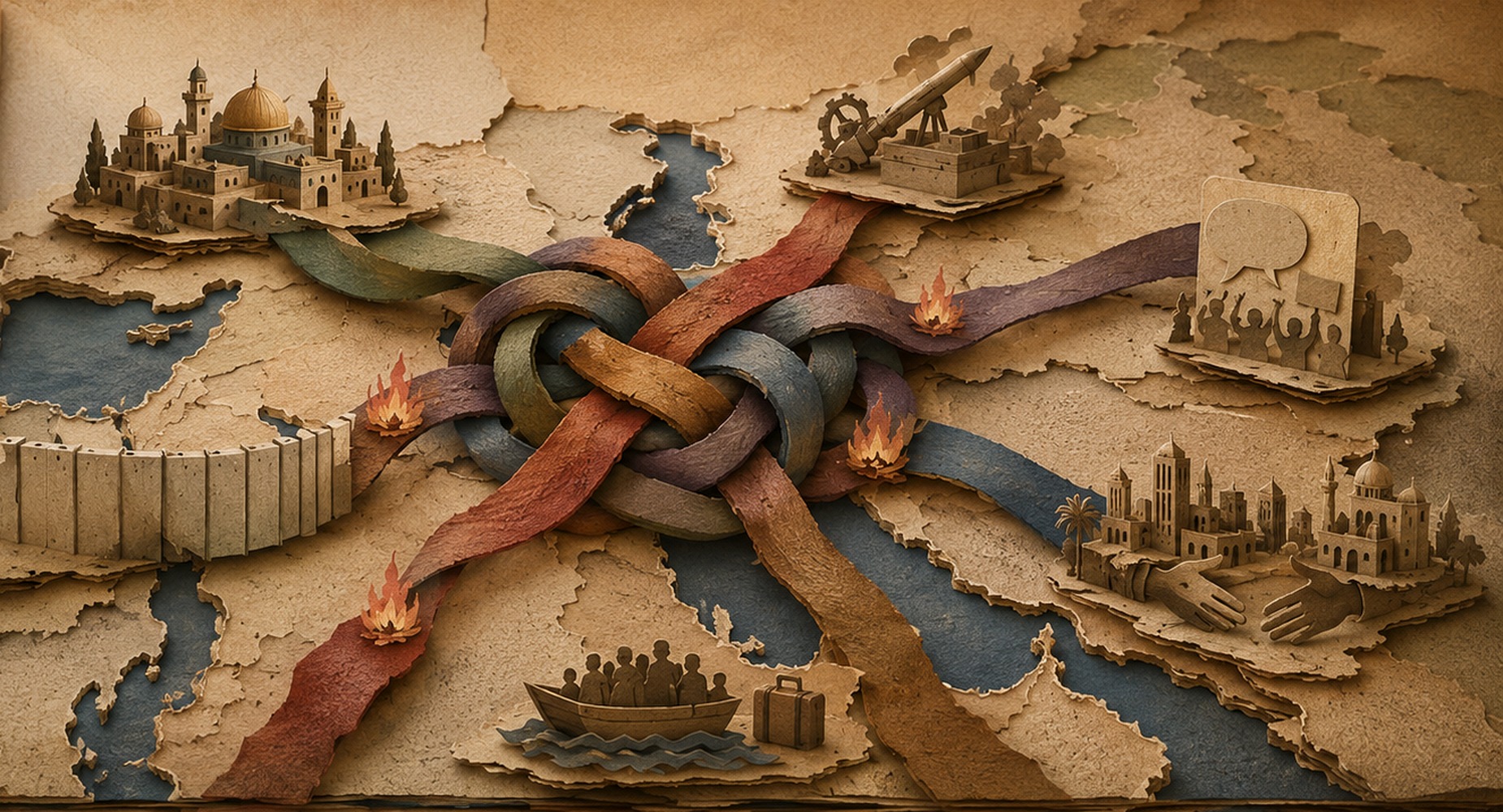 Paper-cut regional map tied into a complex knot of interlocking causes