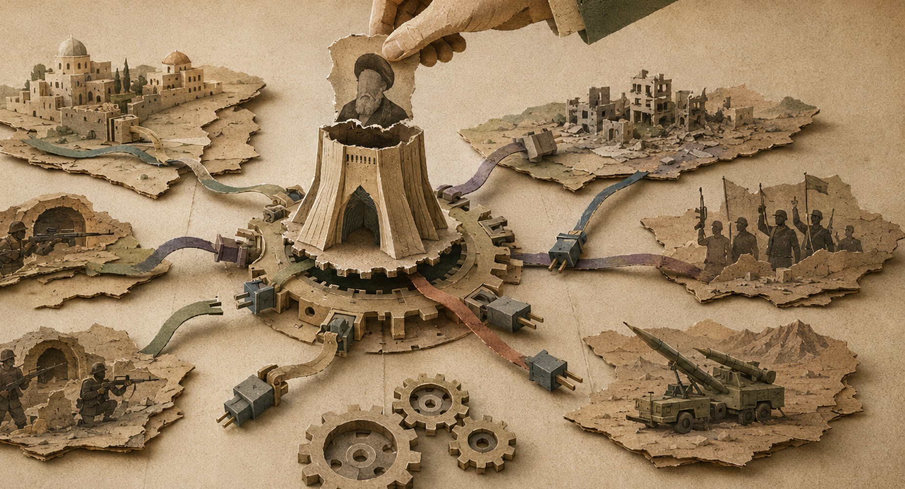 Paper-cut monument dissolving above a network of regional consequences and possibilities
