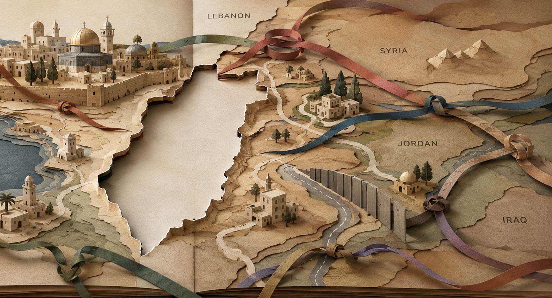 A layered paper-cut map of Israel and its neighbours, with Israel removed to expose the empty space and the regional ties around it