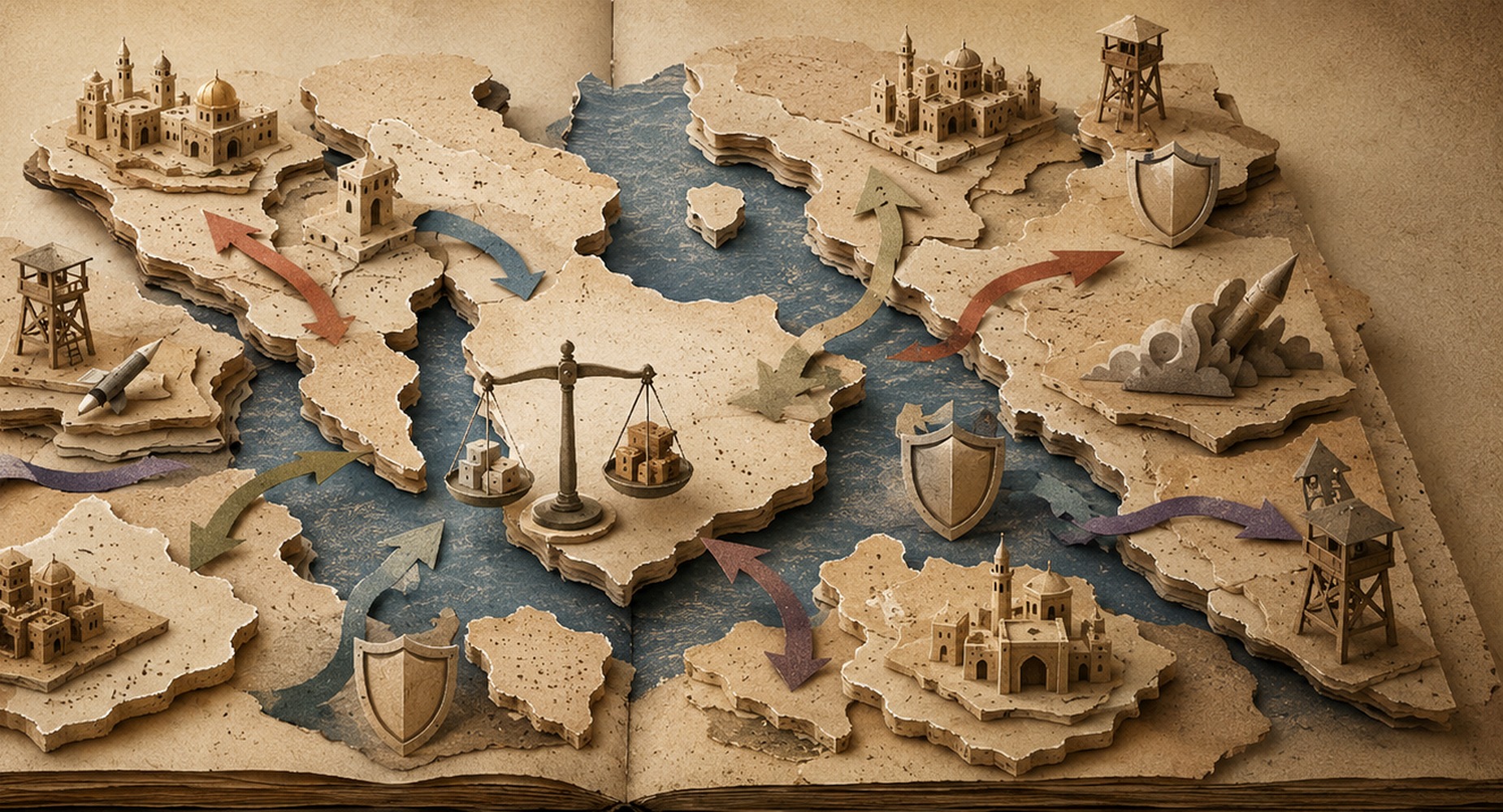 Paper-cut map showing the region divided by competing interests and balances of power