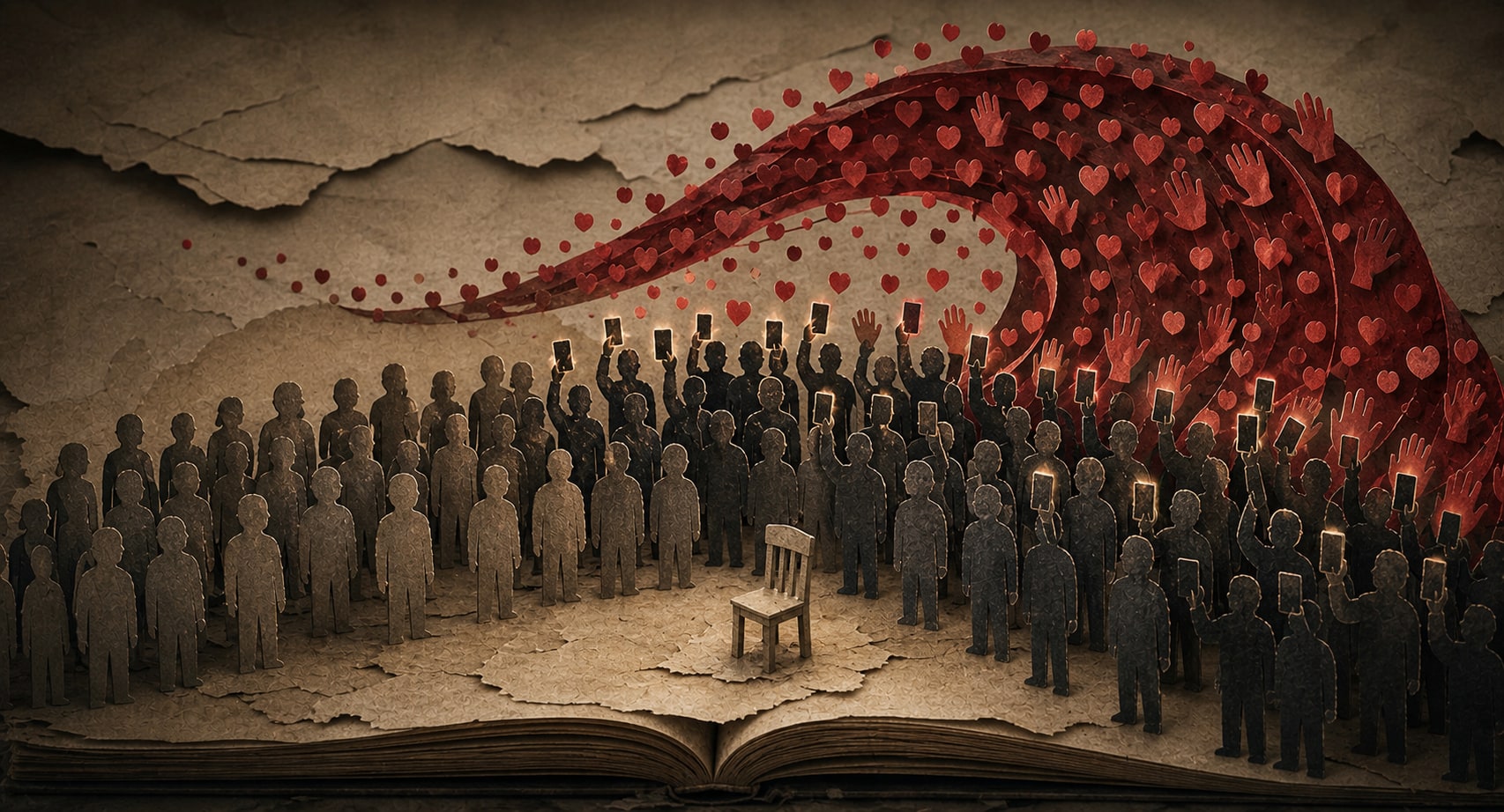 A crowd raising phone screens as a wave of crimson approval gathers above an empty chair