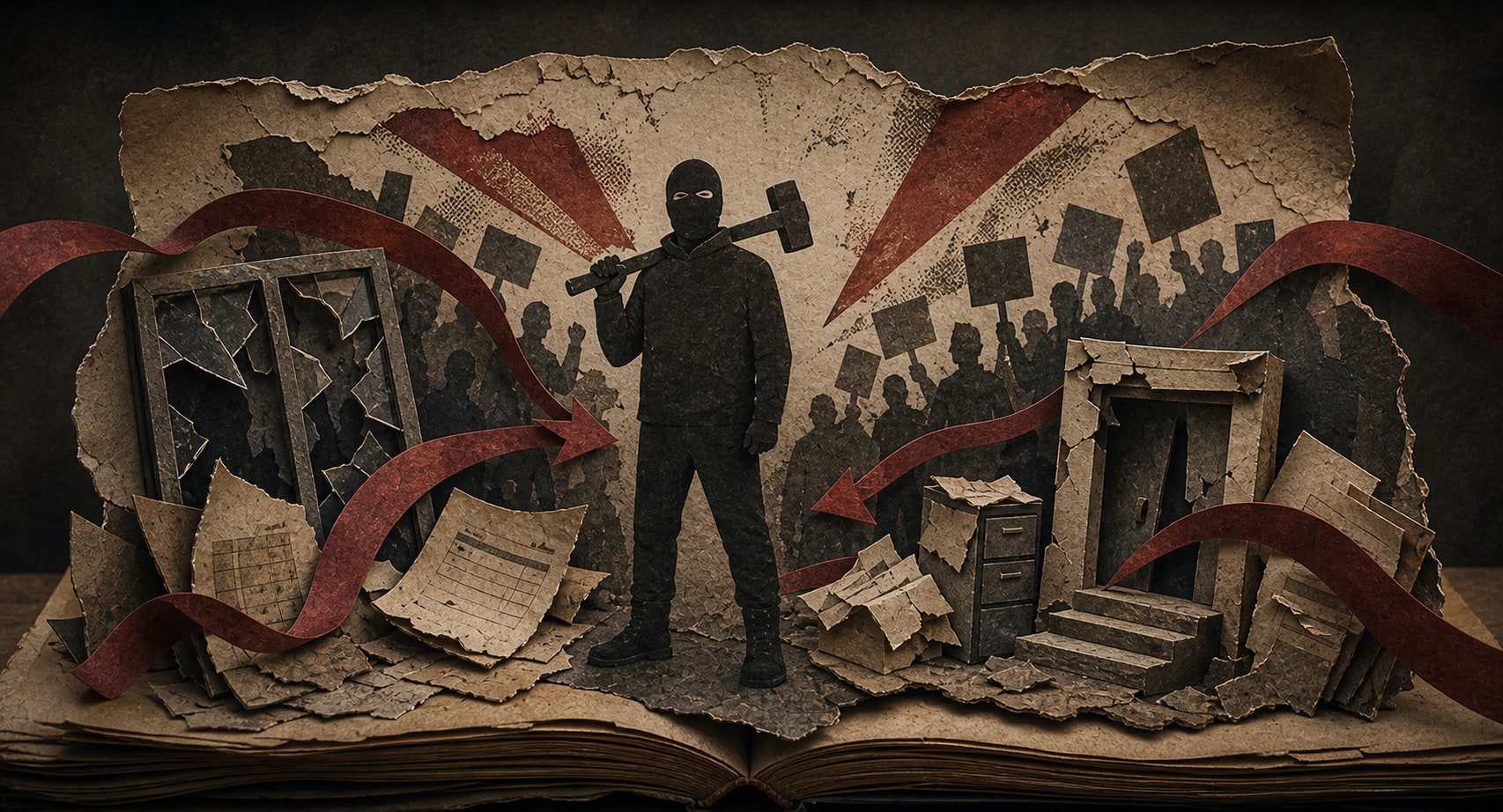 A masked paper-cut activist holds a hammer amid torn protest imagery and crimson arrows