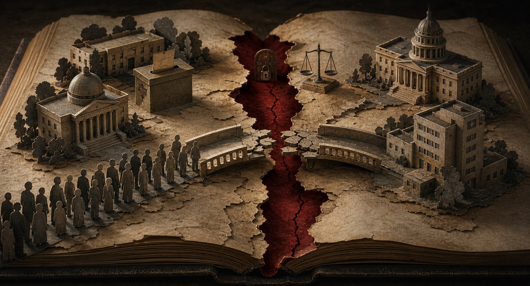A paper-cut civic landscape split by a crimson fault line between citizens and public institutions