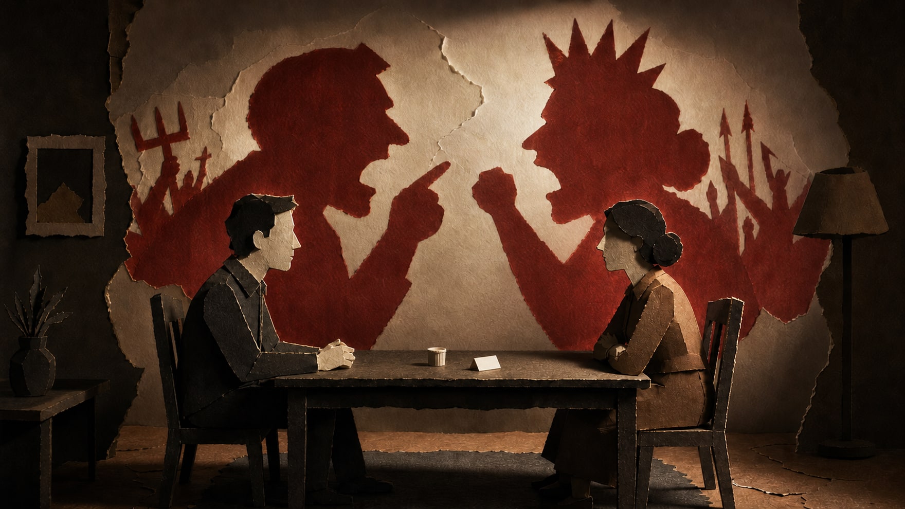 Two ordinary paper figures sit across a table while their shadows become enormous hostile caricatures