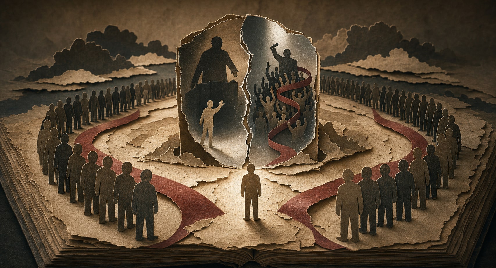 An ordinary figure faces a fractured mirror showing resistance on one side and absorption into a crowd on the other