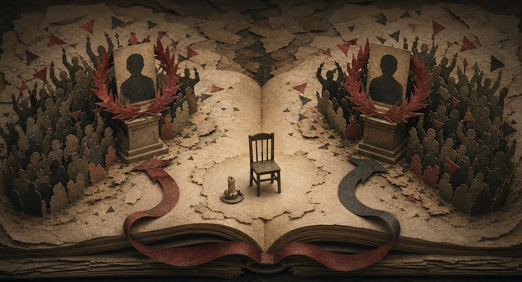 Mirrored crowds turn anonymous memorial portraits into crimson political trophies around an empty chair