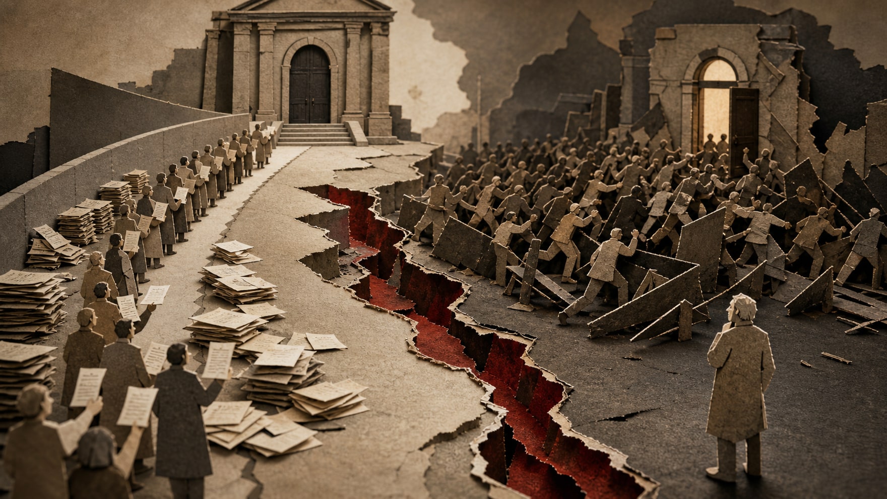 An orderly queue of citizens with unanswered petitions is divided from a surging crowd by a crimson fracture