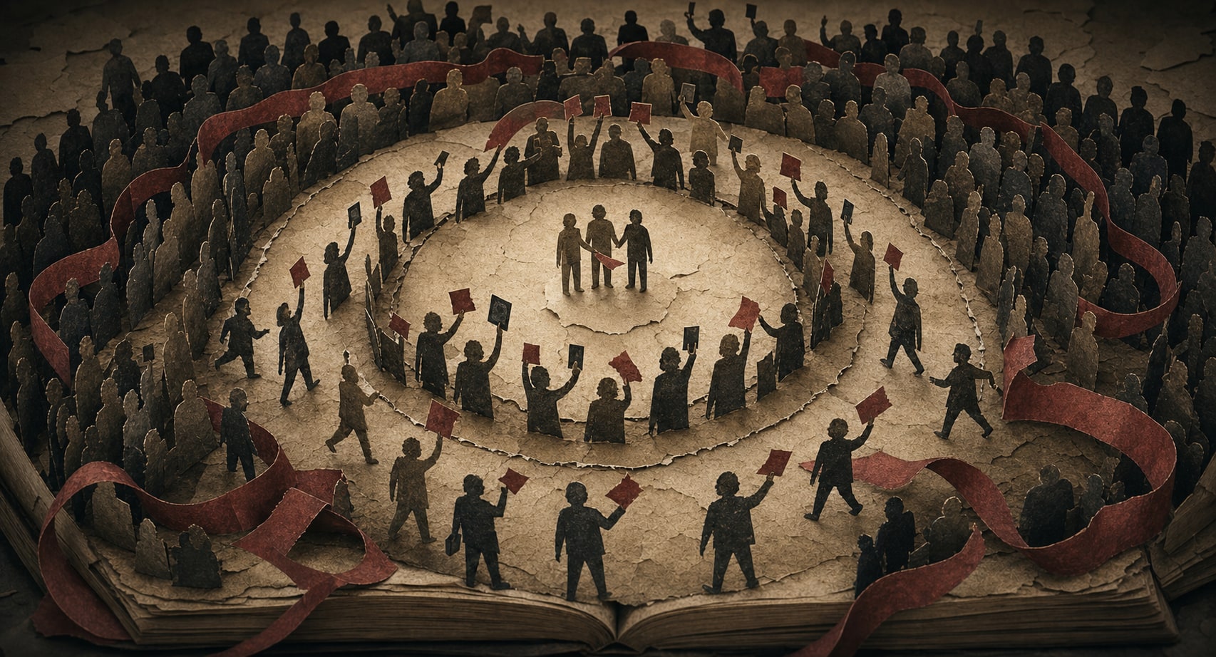 Concentric circles of paper figures carry a crimson signal from a small initiating group into a wider public