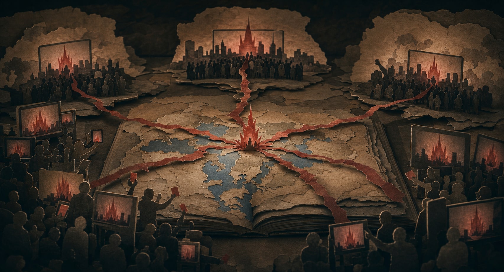 A paper atlas carries one crimson signal outward through screens and crowds across distant cities