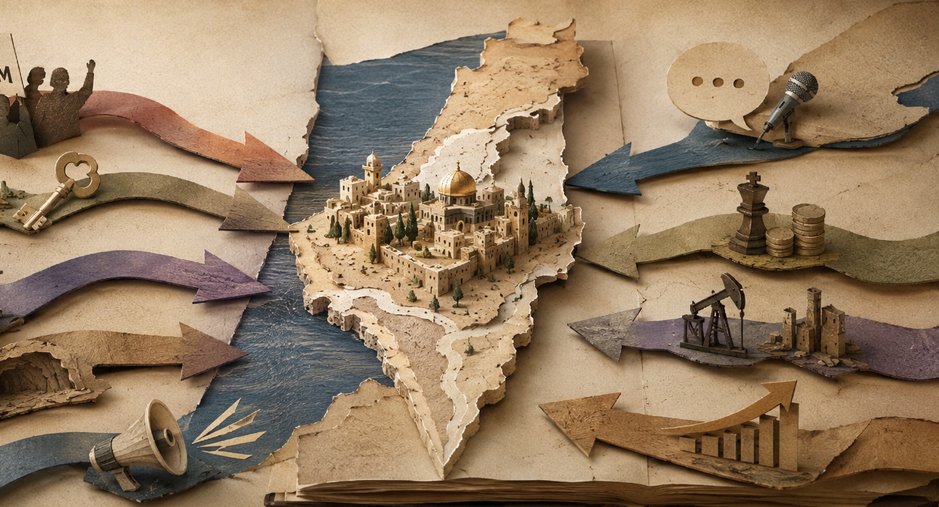 Paper-cut map of Israel surrounded by competing political, military and ideological forces